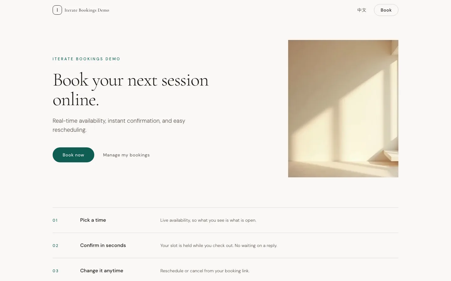The hosted booking page of the Iterate Bookings live demo