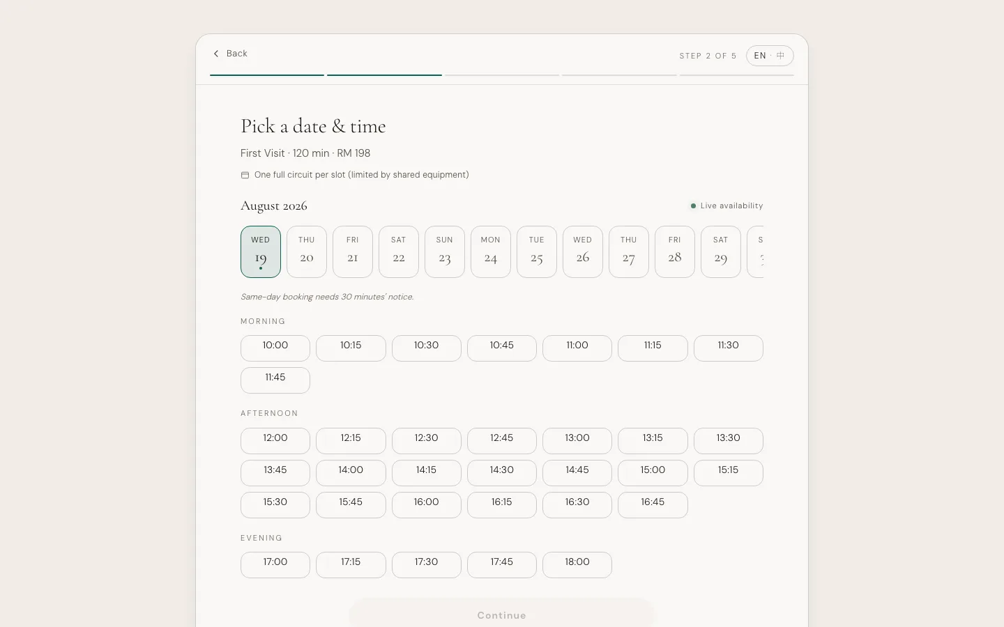 The date and time step of the Iterate Bookings live demo, showing the open slots for the selected day