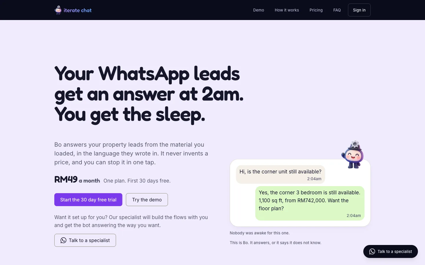 The iteratechat.com home page, showing a property lead answered at 2am from the agent's own material.