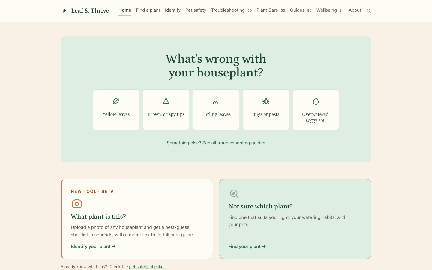 The leafnthrive.ing home page, routing readers straight to the plant problem they came to solve.