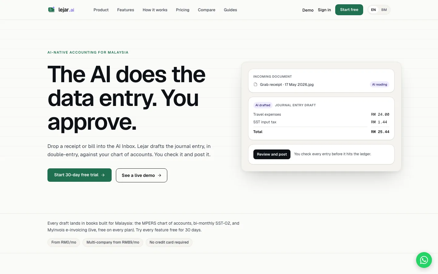 The lejar.ai home page: the AI reads an incoming receipt and drafts the double-entry journal for the owner to approve.