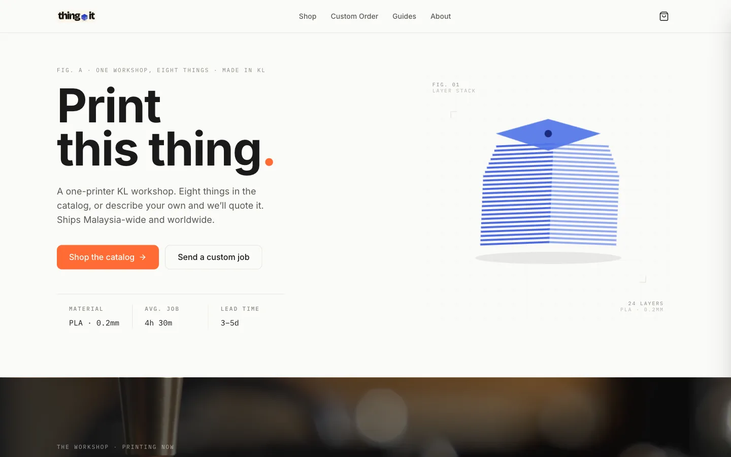 The thingit.store home page, showing the print catalogue and a layer-stack diagram of a job in progress.